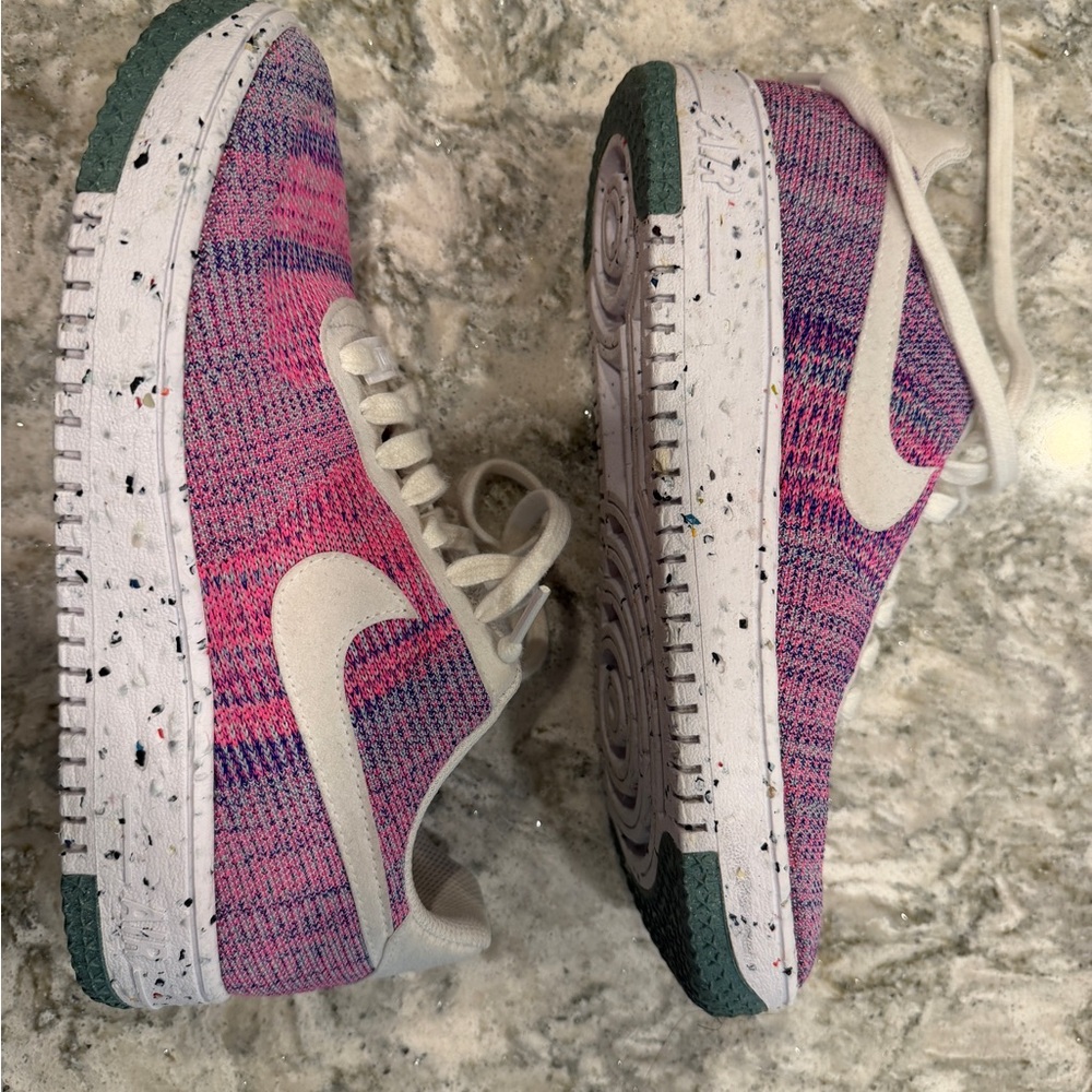 Nike Women’s Pink and White Air Force 1 Crater Flyknit Sneakers